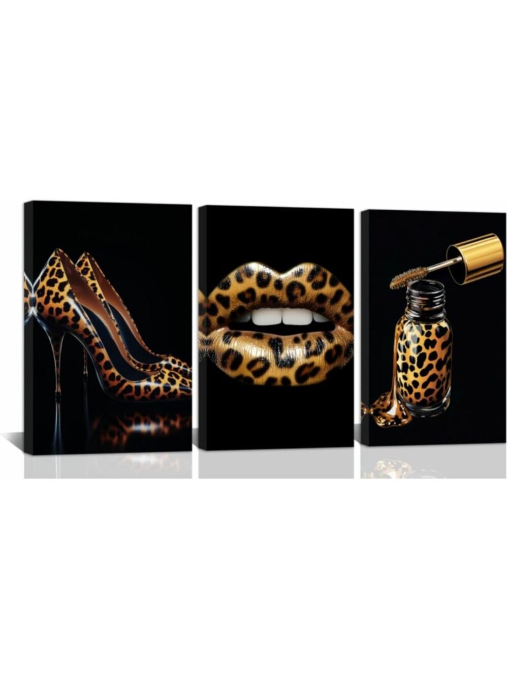 3-Piece Canvas Wall Art Set - Leopard Lips & High Heels Prints for Makeup Room